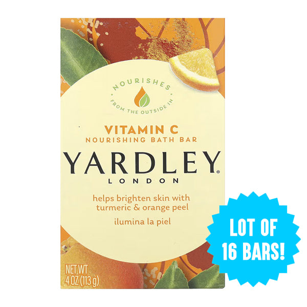 16 Pack of Yardley London Nourishing Bath Soap Bars with Vitamin C, 4 oz each—infused with turmeric and orange peel for radiant, refreshed skin.